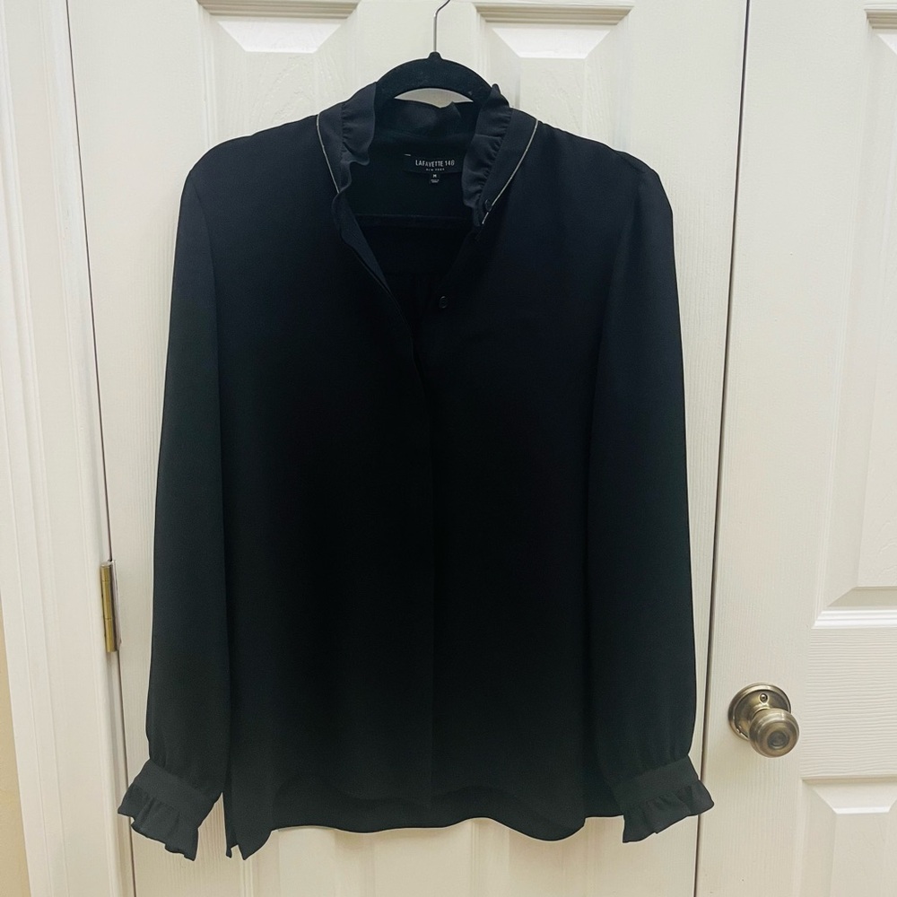 lafayette 148 New York Blouse Black Size M Silk silver collar detail - Picture 1 of 11